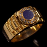 Estate unmarked 18K yellow gold diamond & lapis “Rolex” ring