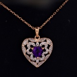 Estate 10K rose gold diamond & amethyst heart necklace