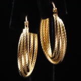 Pair of vintage 14K yellow gold 3-row rope twist oblong hoop earrings