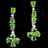 Pair of estate 14K white gold diamond & tsavorite garnet 4-leaf clover dangle drop earrings