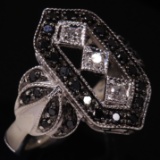 Estate sterling silver black & white diamond Art Deco-style statement ring