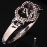 Estate sterling silver black & white diamond heart ring