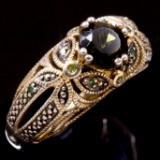 Estate 2-tone sterling silver green stone ring