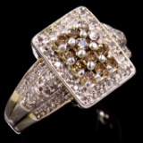 Estate 2-tone sterling silver champagne & white diamond rectangular cluster ring
