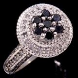 Estate sterling silver black & white diamond halo cluster ring