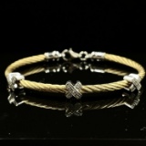 Estate sterling silver gold-plated steel cable diamond bracelet