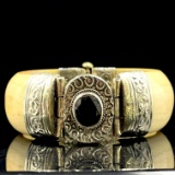 Vintage genuine ivory & white metal hinged bangle bracelet