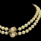 Vintage double-strand cultured pearl necklace with a 14K yellow gold natural sapphire & pearl clasp