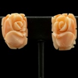 Pair of vintage hand-carved coral flower clip-on earrings