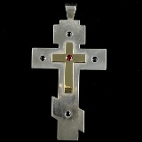 Vintage unmarked sterling silver & 14K yellow gold lab-created ruby & sapphire large cross pendant