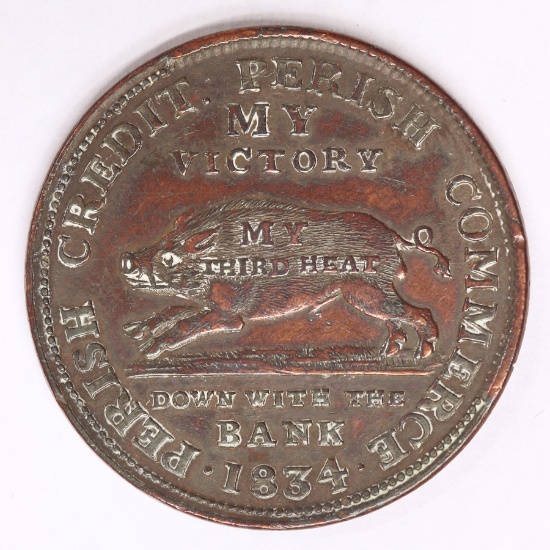 1834 Hard Times Token- Andrew Jackson, Running Boar