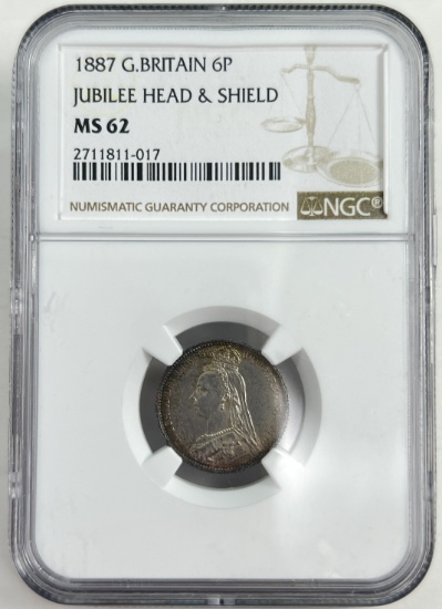 Certified 1887 Jubilee head & shield Great Britain silver 6 pence