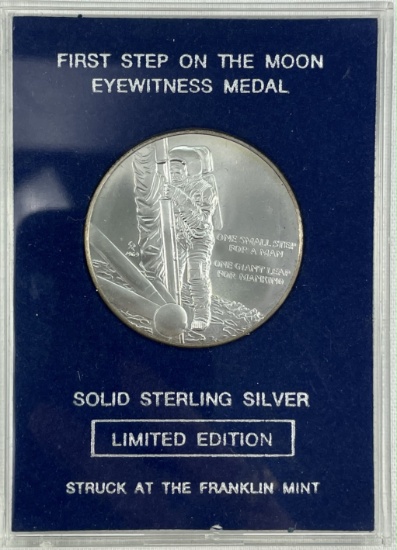 1969 Franklin Mint "First Step On The Moon" sterling silver eyewitness medal