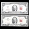 Pair of near-consecutive serial-numbered 1963 star note U.S. $2 red seal legal tender banknotes