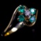 Estate 10K yellow gold diamond & natural emerald bypass flower ring