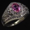 Estate 14K white gold diamond & pink sapphire scroll accented ring