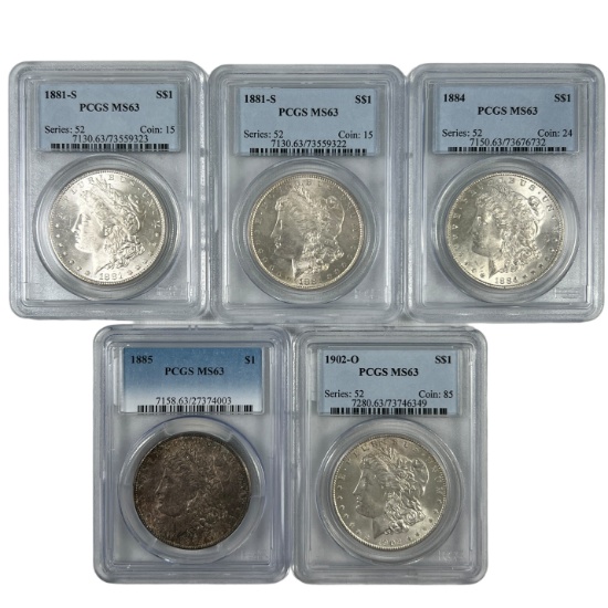 Investor lot of 5 certified MS63 U.S. Morgan silver dollars