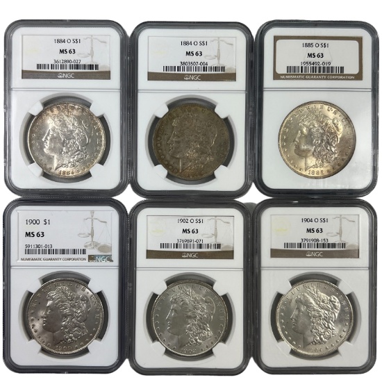 Investor lot of 6 different certified MS63 U.S. Morgan silver dollars