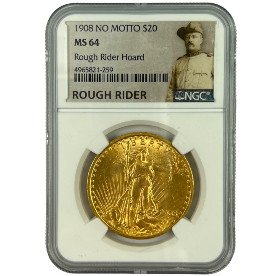Certified 1908 no motto U.S. $20 St. Gaudens $20 gold coin
