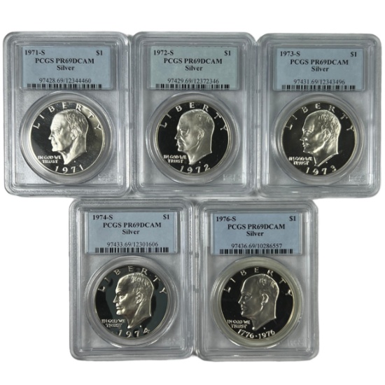 Complete 5-piece set of certified 1971-S to 1976-S U.S. proof 40% silver Eisenhower dollars