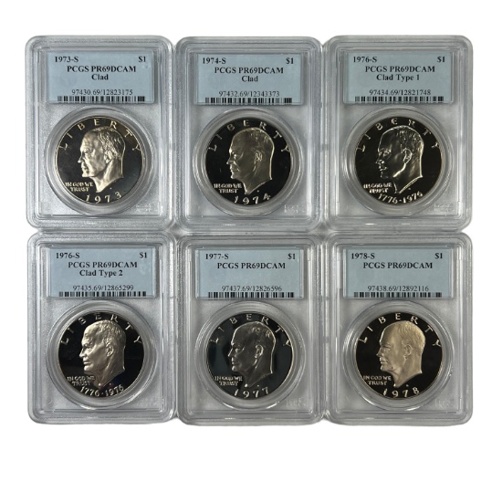 Continuous run of 6 certified 1973-S to 1978-S U.S. proof Eisenhower dollars