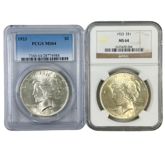 Pair of certified 1923 U.S. peace silver dollars