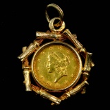 1853 type 1 U.S. gold dollar in 14K yellow gold bamboo bezel