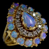 Estate 18K yellow gold diamond & natural opal pear-shaped cocktail ring