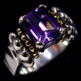 Authentic estate Lagos sterling silver & 18K yellow gold 2-tone amethyst Caviar Glacier ring