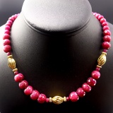 Estate natural ruby & 14K yellow gold graduated beaded necklace