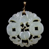 Vintage hand-carved genuine jade Asian design pendant with a 14K yellow gold bale