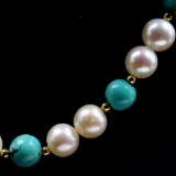 Estate pearl, turquoise & 14K yellow gold beaded necklace with 14K yellow gold clasp