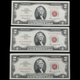 Lot of 3 consecutive serial-numbered 1963 U.S. $2 red seal legal tender banknotes