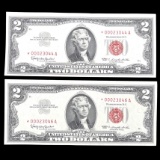 Pair of near-consecutive serial-numbered 1963 star note U.S. $2 red seal legal tender banknotes