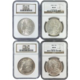 Investor lot of 4 different white certified MS63 U.S. Morgan silver dollars