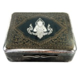 Vintage Thai sterling silver & burl wood box with traditional designs