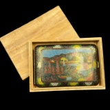 Like-new WWII-era Asian enameled copper cigarette case in its original wooden box