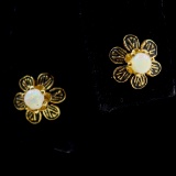 Pair of estate 14K yellow gold opal & enamel flower stud earrings