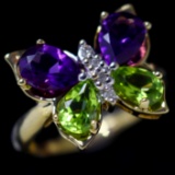 Estate 10K yellow gold diamond, amethyst, & peridot butterfly ring