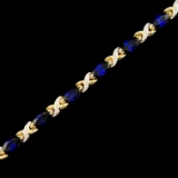 Vintage 10K yellow gold diamond & blue stone tennis bracelet