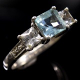 Estate sterling silver diamond, aquamarine & cubic zirconia ring