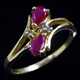 Vintage 10K yellow gold diamond & natural ruby bypass ring