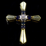 Estate 10K yellow gold diamond & sapphire cross pendant