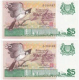 Pair of consecutive serial-numbered 1976 Singapore $5 banknotes