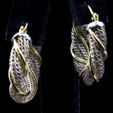 Pair of estate 14K yellow gold & sterling silver mesh hoop earrings