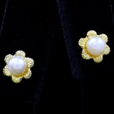 Pair of estate 14K yellow gold pearl flower stud earrings