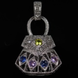 Estate 10K white gold diamond & sapphire purse pendant