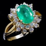 Estate 14K yellow gold diamond & natural emerald cocktail ring