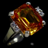 Estate 14K white gold diamond & orange sapphire cocktail ring