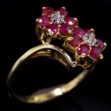 Estate unmarked 14K yellow gold diamond & natural ruby flower ring